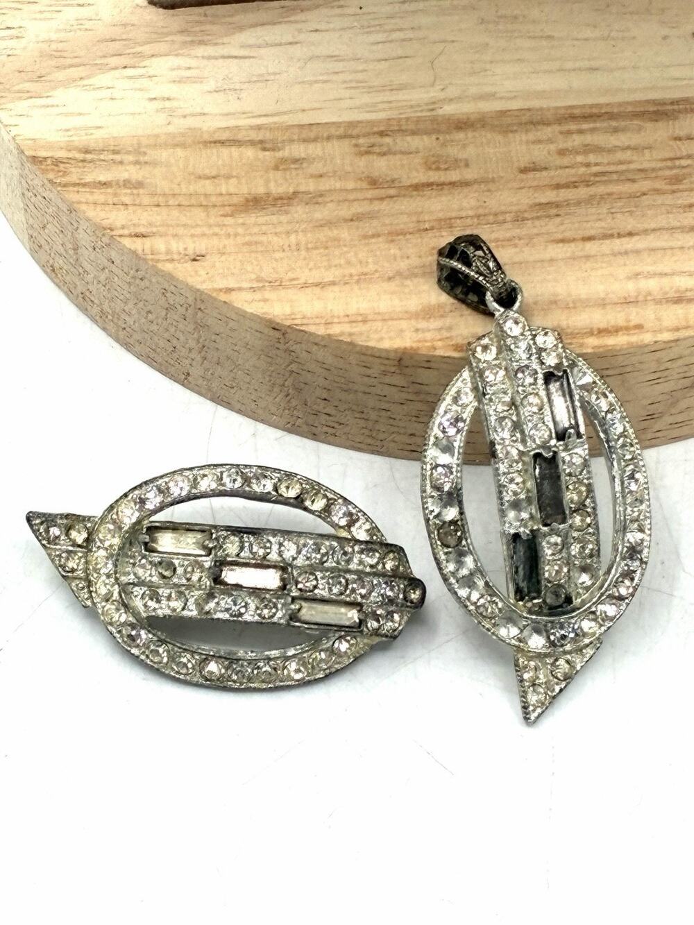 Antique 1920s Art Deco Paste Rhinestone Brooch Pendant Set Pot Metal Unsigned